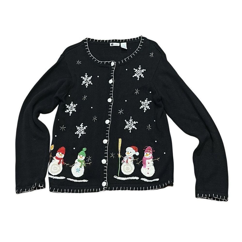 KB & Company snowman holiday black cardigan sweater L